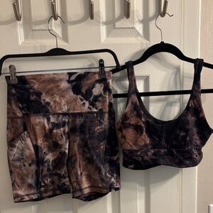 Lululemon Athletica Black and Brown Tie-Dye Sports Bra and Shorts